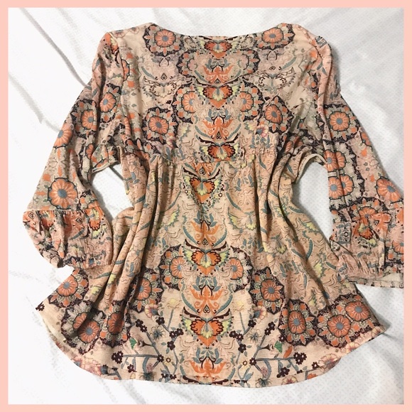 Live and Let Live Floral Peasant Blouse - Peach and Blue - Picture 3 of 4